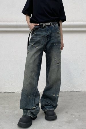 Distressed Vintage Loose Fit Jeans for Men and Women - Straight Leg Wasteland Style American Retro Pants