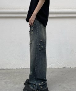 Distressed Vintage Loose Fit Jeans for Men and Women - Straight Leg Wasteland Style American Retro Pants