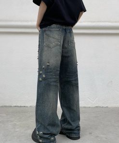 Distressed Vintage Loose Fit Jeans for Men and Women - Straight Leg Wasteland Style American Retro Pants
