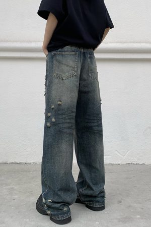 Distressed Vintage Loose Fit Jeans for Men and Women - Straight Leg Wasteland Style American Retro Pants