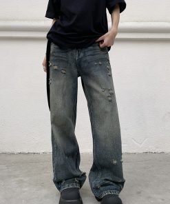 Distressed Vintage Loose Fit Jeans for Men and Women - Straight Leg Wasteland Style American Retro Pants