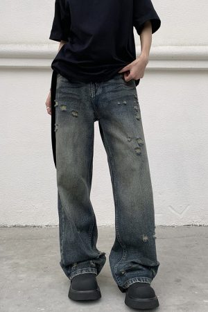 Distressed Vintage Loose Fit Jeans for Men and Women - Straight Leg Wasteland Style American Retro Pants