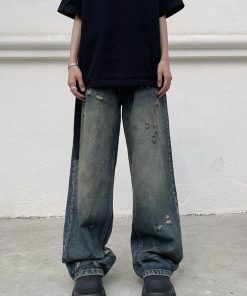 Distressed Vintage Loose Fit Jeans for Men and Women - Straight Leg Wasteland Style American Retro Pants