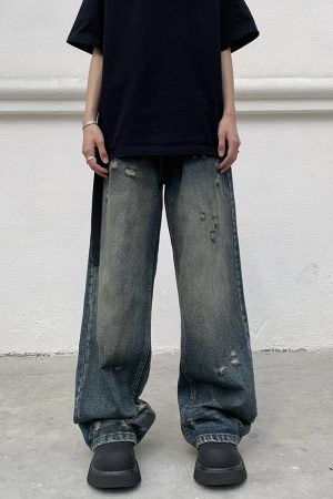 Distressed Vintage Loose Fit Jeans for Men and Women - Straight Leg Wasteland Style American Retro Pants