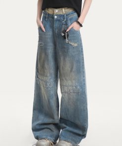 Distressed Vintage Ripped Jeans for Women - American High Street Loose Straight-Leg Wide-Leg Pants