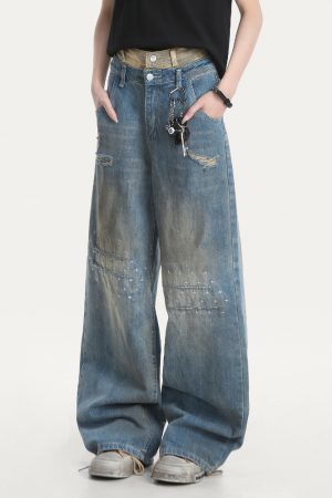 Distressed Vintage Ripped Jeans for Women - American High Street Loose Straight-Leg Wide-Leg Pants