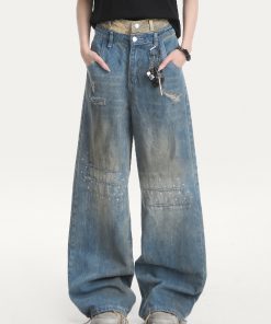 Distressed Vintage Ripped Jeans for Women - American High Street Loose Straight-Leg Wide-Leg Pants