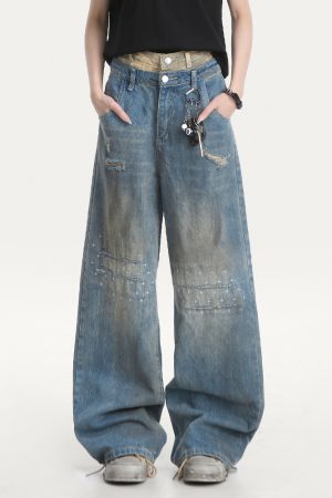 Distressed Vintage Ripped Jeans for Women - American High Street Loose Straight-Leg Wide-Leg Pants