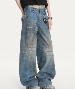 Distressed Vintage Ripped Jeans for Women - American High Street Loose Straight-Leg Wide-Leg Pants