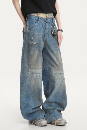Distressed Vintage Ripped Jeans for Women - American High Street Loose Straight-Leg Wide-Leg Pants