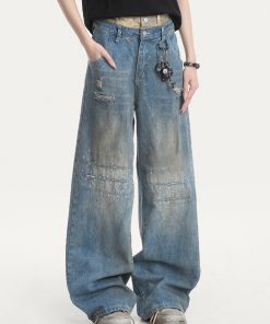Distressed Vintage Ripped Jeans for Women - American High Street Loose Straight-Leg Wide-Leg Pants