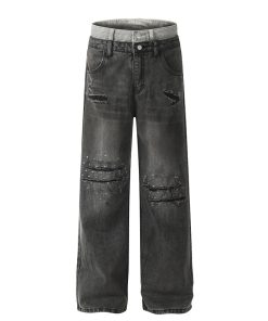 Distressed Vintage Ripped Jeans for Women - American High Street Loose Straight-Leg Wide-Leg Pants