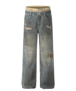 Distressed Vintage Ripped Jeans for Women - American High Street Loose Straight-Leg Wide-Leg Pants