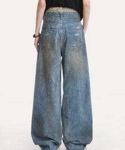 Distressed Vintage Ripped Jeans for Women - American High Street Loose Straight-Leg Wide-Leg Pants