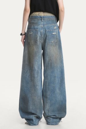 Distressed Vintage Ripped Jeans for Women - American High Street Loose Straight-Leg Wide-Leg Pants