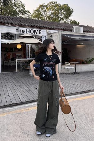 Dolphin Print Short Sleeve T-Shirt for Women, Slim Fit, Vintage Summer Style, 90s American Trendy Fashion