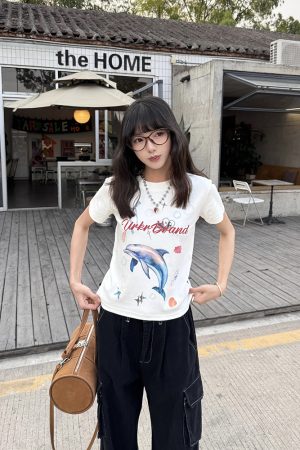Dolphin Print Short Sleeve T-Shirt for Women, Slim Fit, Vintage Summer Style, 90s American Trendy Fashion