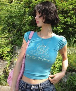 Dopamine Blue Cupid Print T-Shirt for Women - American Casual Slim Fit Short Sleeve Top - Trendy 90s Style