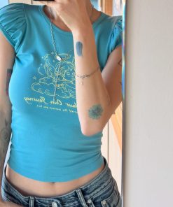 Dopamine Blue Cupid Print T-Shirt for Women - American Casual Slim Fit Short Sleeve Top - Trendy 90s Style