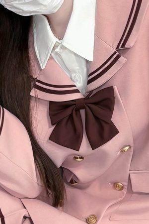 Double-Breasted Korean Suit Two-Piece Set with Loose Mid-Length Skirt and Pudinge Bear Design, JK Academy Style, Fashionable Y2K Look
