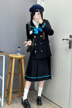 Double-Breasted Korean Suit Two-Piece Set with Loose Mid-Length Skirt and Pudinge Bear Design, JK Academy Style, Fashionable Y2K Look