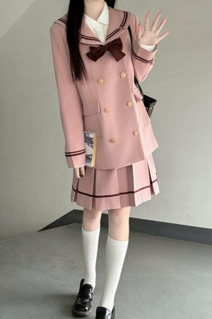 Double-Breasted Korean Suit Two-Piece Set with Loose Mid-Length Skirt and Pudinge Bear Design, JK Academy Style, Fashionable Y2K Look