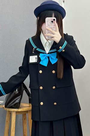 Double-Breasted Korean Suit Two-Piece Set with Loose Mid-Length Skirt and Pudinge Bear Design, JK Academy Style, Fashionable Y2K Look