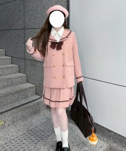 Double-Breasted Korean Suit Two-Piece Set with Loose Mid-Length Skirt and Pudinge Bear Design, JK Academy Style, Fashionable Y2K Look