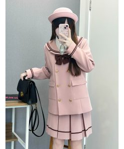 Double-Breasted Korean Suit Two-Piece Set with Loose Mid-Length Skirt and Pudinge Bear Design, JK Academy Style, Fashionable Y2K Look