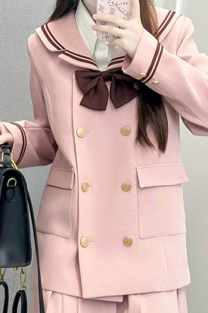 Double-Breasted Korean Suit Two-Piece Set with Loose Mid-Length Skirt and Pudinge Bear Design, JK Academy Style, Fashionable Y2K Look