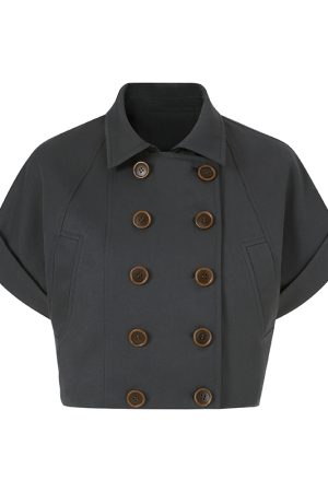 Double-Breasted Trench Vest with 3D Cutting Design - Loose Slimming Short-Sleeve Jacket for Chic Layering