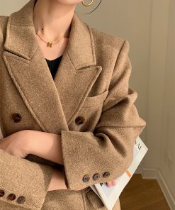 Double-Breasted Woolen Padded Coat for Women, Loose Fit High-End Korean Style Thick Suit Jacket for Autumn and Winter