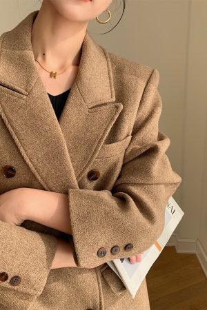 Double-Breasted Woolen Padded Coat for Women, Loose Fit High-End Korean Style Thick Suit Jacket for Autumn and Winter