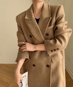 Double-Breasted Woolen Padded Coat for Women, Loose Fit High-End Korean Style Thick Suit Jacket for Autumn and Winter