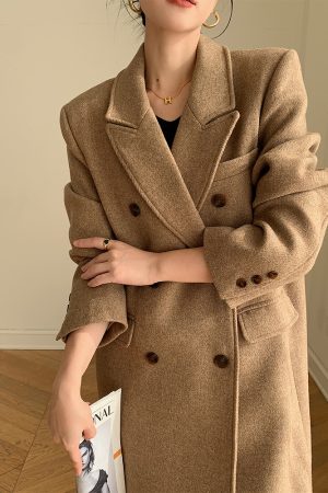 Double-Breasted Woolen Padded Coat for Women, Loose Fit High-End Korean Style Thick Suit Jacket for Autumn and Winter