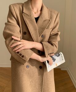 Double-Breasted Woolen Padded Coat for Women, Loose Fit High-End Korean Style Thick Suit Jacket for Autumn and Winter