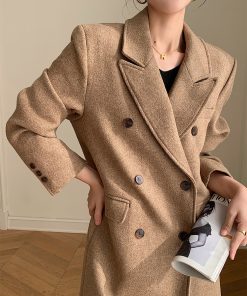 Double-Breasted Woolen Padded Coat for Women, Loose Fit High-End Korean Style Thick Suit Jacket for Autumn and Winter