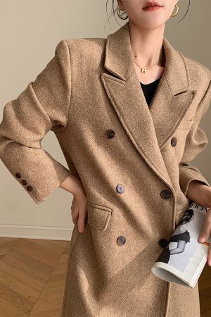 Double-Breasted Woolen Padded Coat for Women, Loose Fit High-End Korean Style Thick Suit Jacket for Autumn and Winter
