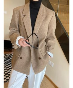 Double-Breasted Woolen Suit Jacket - Korean Style British Design, Lapel Wool Blazer for Chic Office and Casual Wear