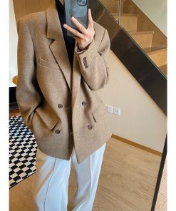 Double-Breasted Woolen Suit Jacket - Korean Style British Design, Lapel Wool Blazer for Chic Office and Casual Wear