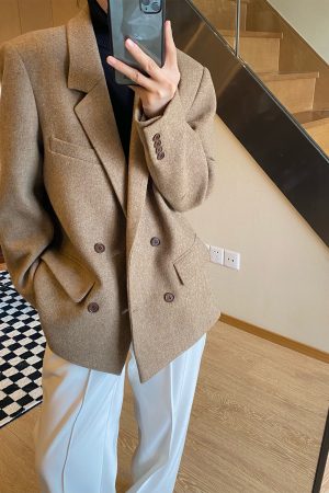Double-Breasted Woolen Suit Jacket - Korean Style British Design, Lapel Wool Blazer for Chic Office and Casual Wear