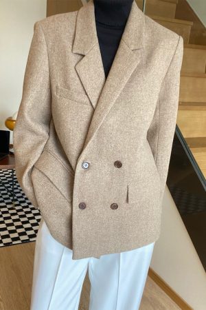 Double-Breasted Woolen Suit Jacket - Korean Style British Design, Lapel Wool Blazer for Chic Office and Casual Wear