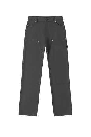 Double Knee Patch Rivet Decorated Straight Leg Casual Lumberjack Pants - Trendy 90s Style Workwear Trousers