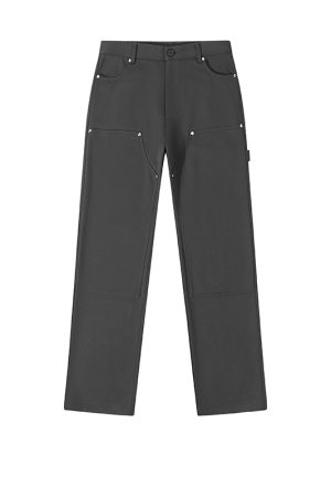 Double Knee Patch Rivet Decorated Straight Leg Casual Lumberjack Pants - Trendy 90s Style Workwear Trousers