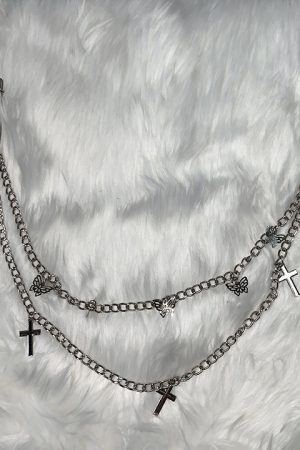 Double-Layer Butterfly Cross Waist Chain Pants for Cool Girls - Trendy Y2K Style Fashion Statement
