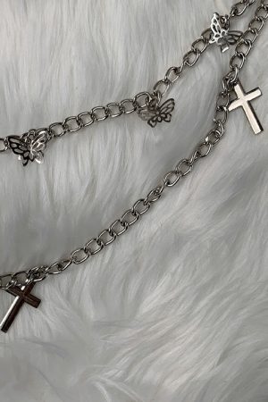 Double-Layer Butterfly Cross Waist Chain Pants for Cool Girls - Trendy Y2K Style Fashion Statement