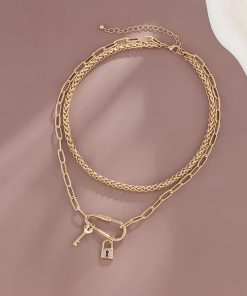 Double-Layer Chain Necklace for Women - Retro European American Style with Lock and Key Pendant - Trendy Layered Clavicle Jewelry