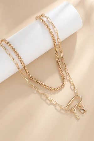 Double-Layer Chain Necklace for Women - Retro European American Style with Lock and Key Pendant - Trendy Layered Clavicle Jewelry