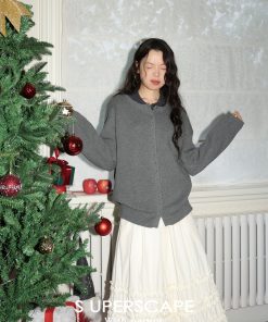 Double-Layer Cotton Knitted Cardigan with Rivet Placket - Loose Silhouette, Airy Feel, Perfect for Y2K and 90s Fashion