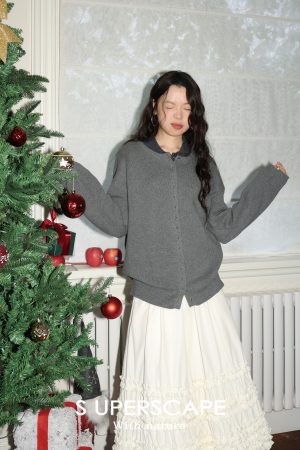 Double-Layer Cotton Knitted Cardigan with Rivet Placket - Loose Silhouette, Airy Feel, Perfect for Y2K and 90s Fashion